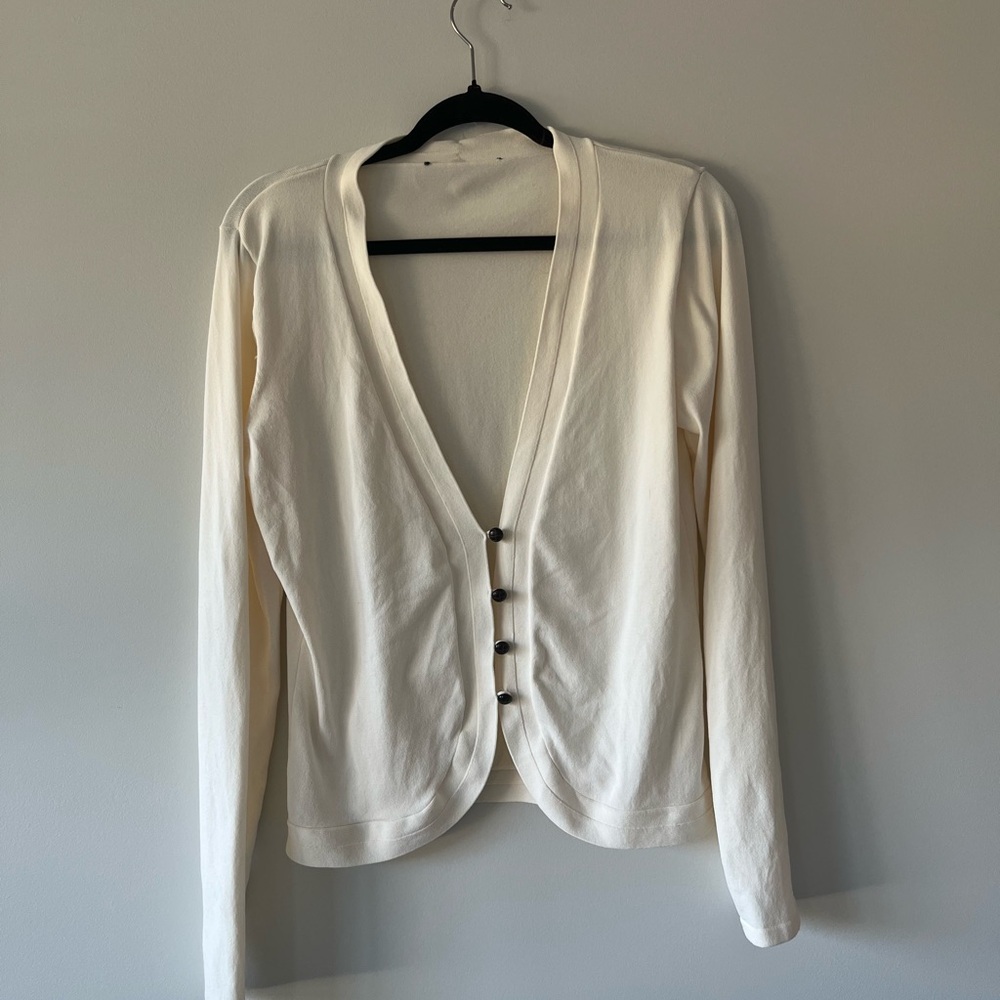 Classic Cream V-Neck Cardigan with Brown Braided Buttons - Size M/L